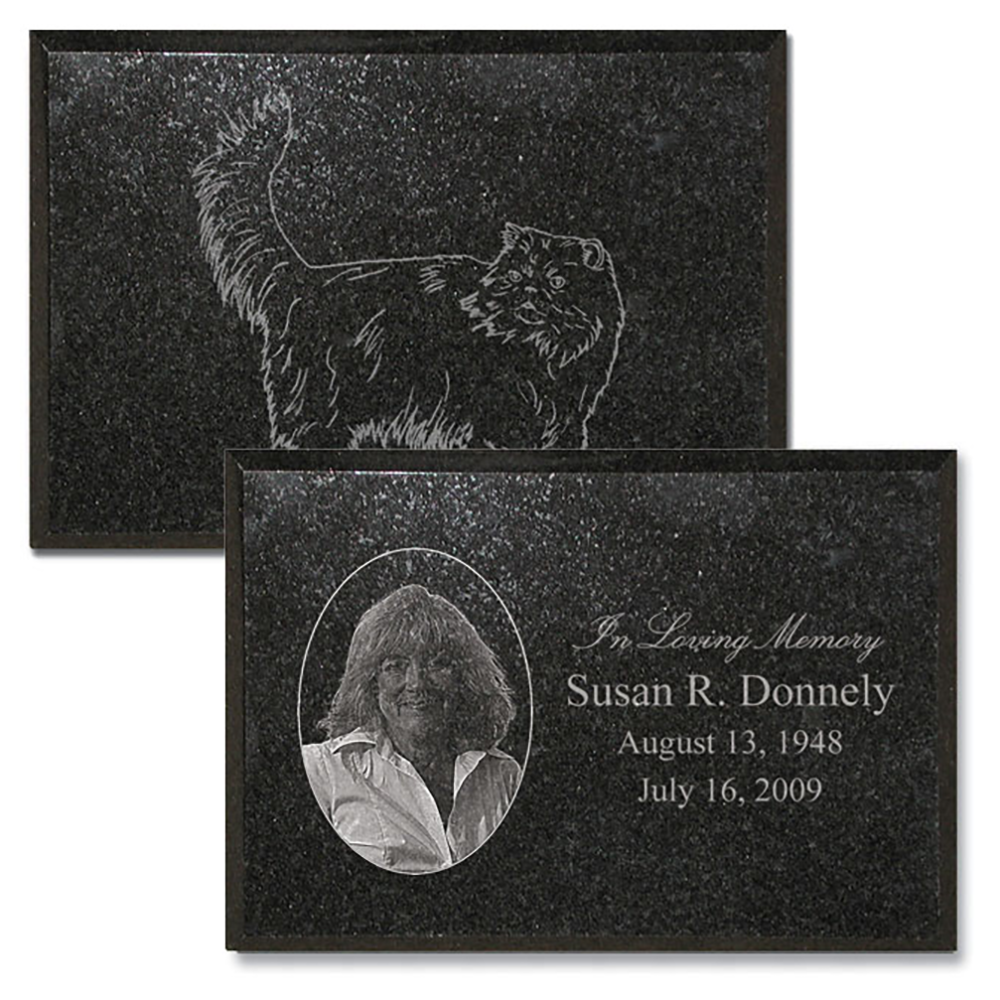 Laser Etched Solid Black Granite Burial Marker 10"x7"x.75"