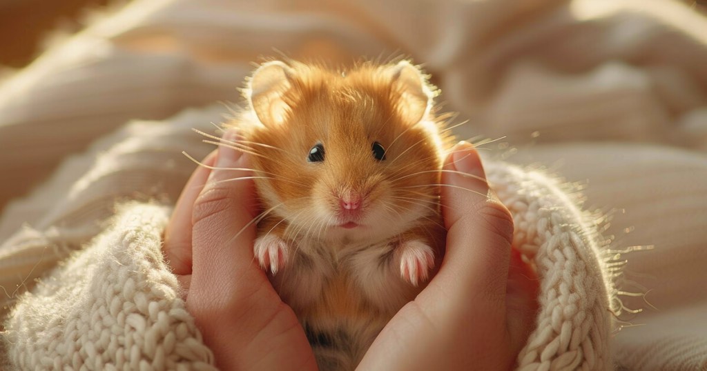 Hands of a girl in a sweater holding a cute hamster while she decides on end of life care and pet cremation services